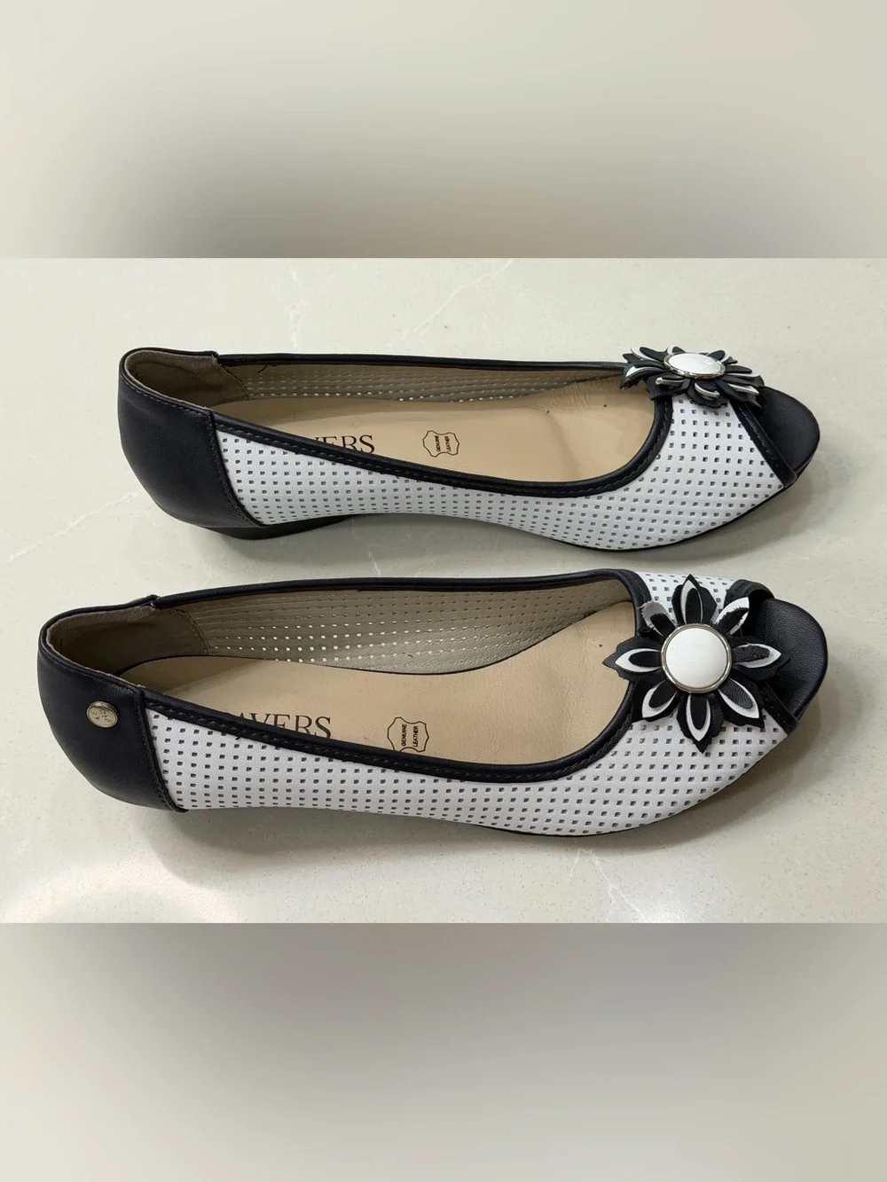 Pavers Perforated Wedge Peep Toe Pumps White Navy Floral Comfort Slip On, 41